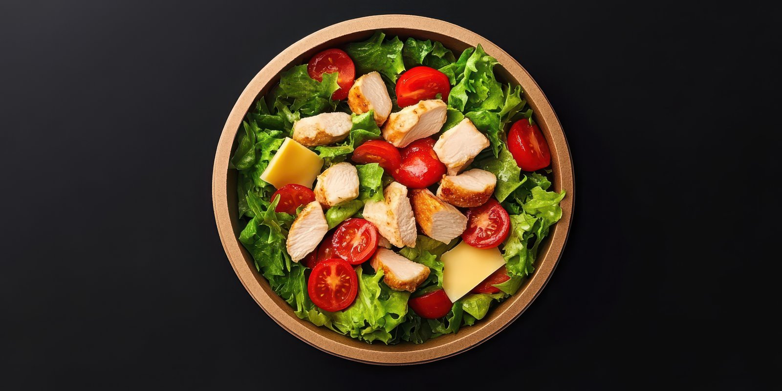 Fresh salad with grilled chicken, cherry tomatoes, and greens in bowl served on black background